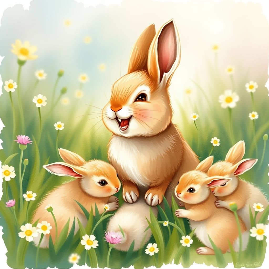 Laughing Rabbit and Babies in Whimsical Watercolor Style