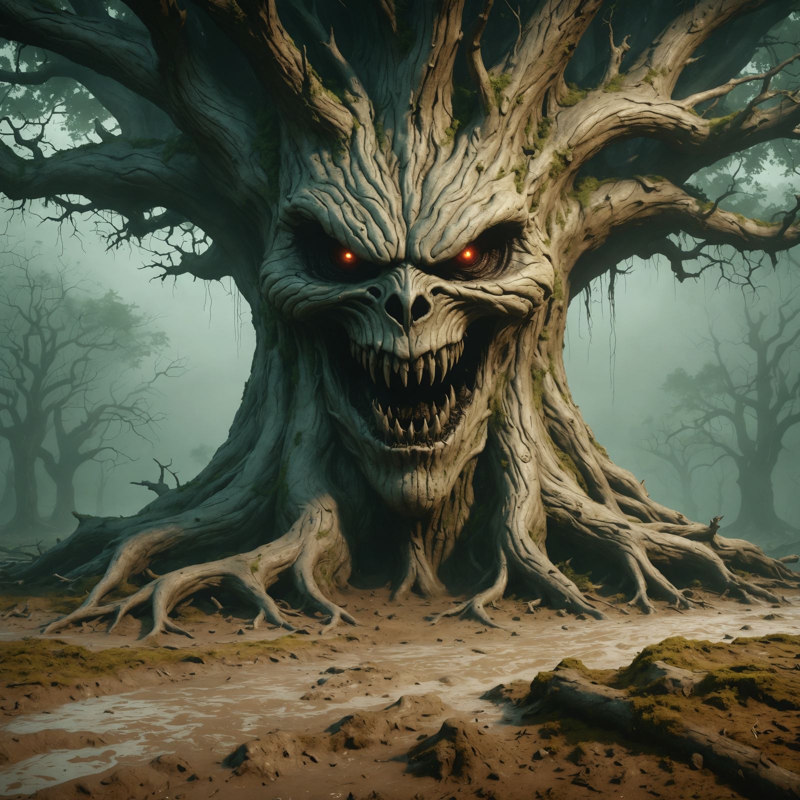 Evil Tree with Fierce Face in Spooky Forest