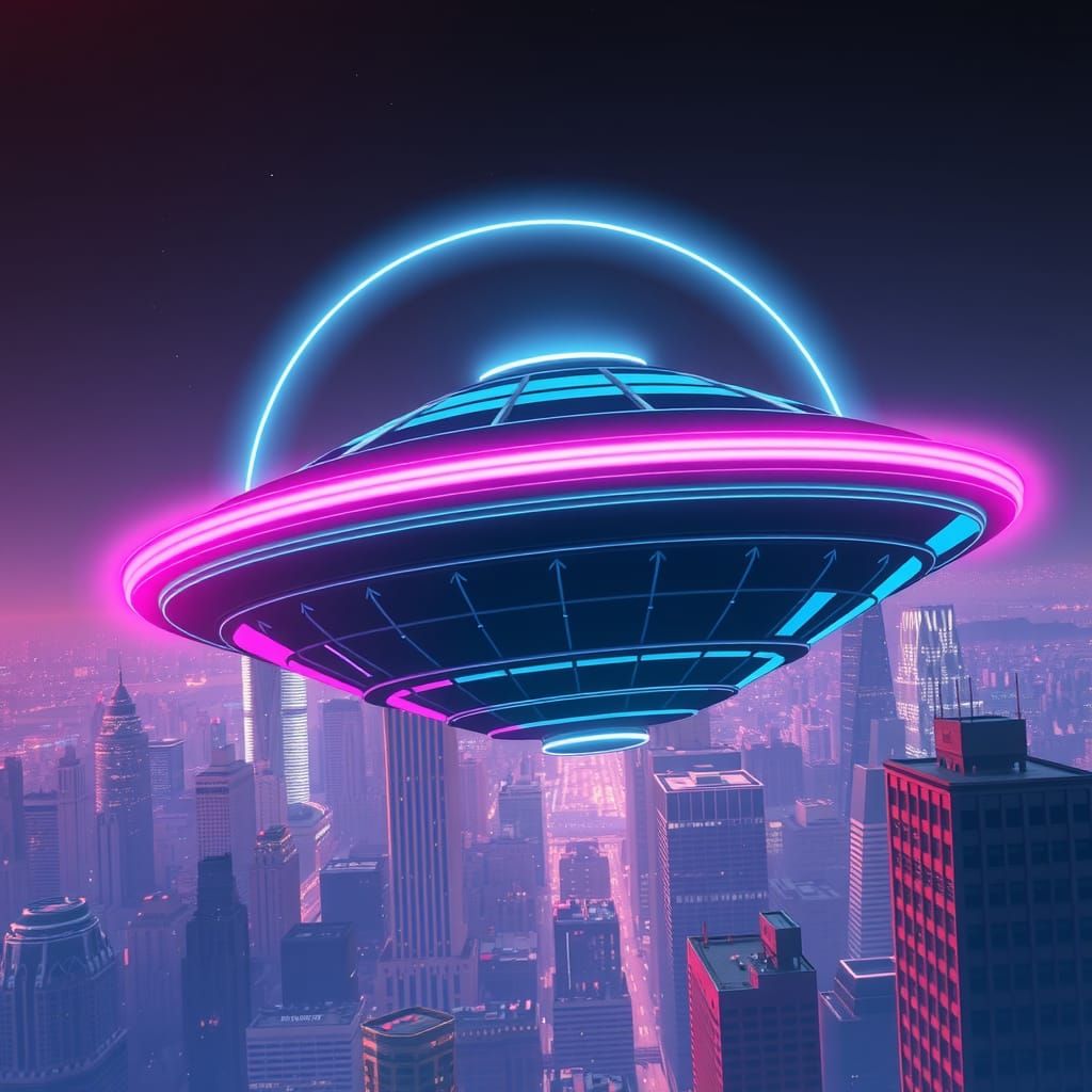 Neon Alien Spaceship Over New York City