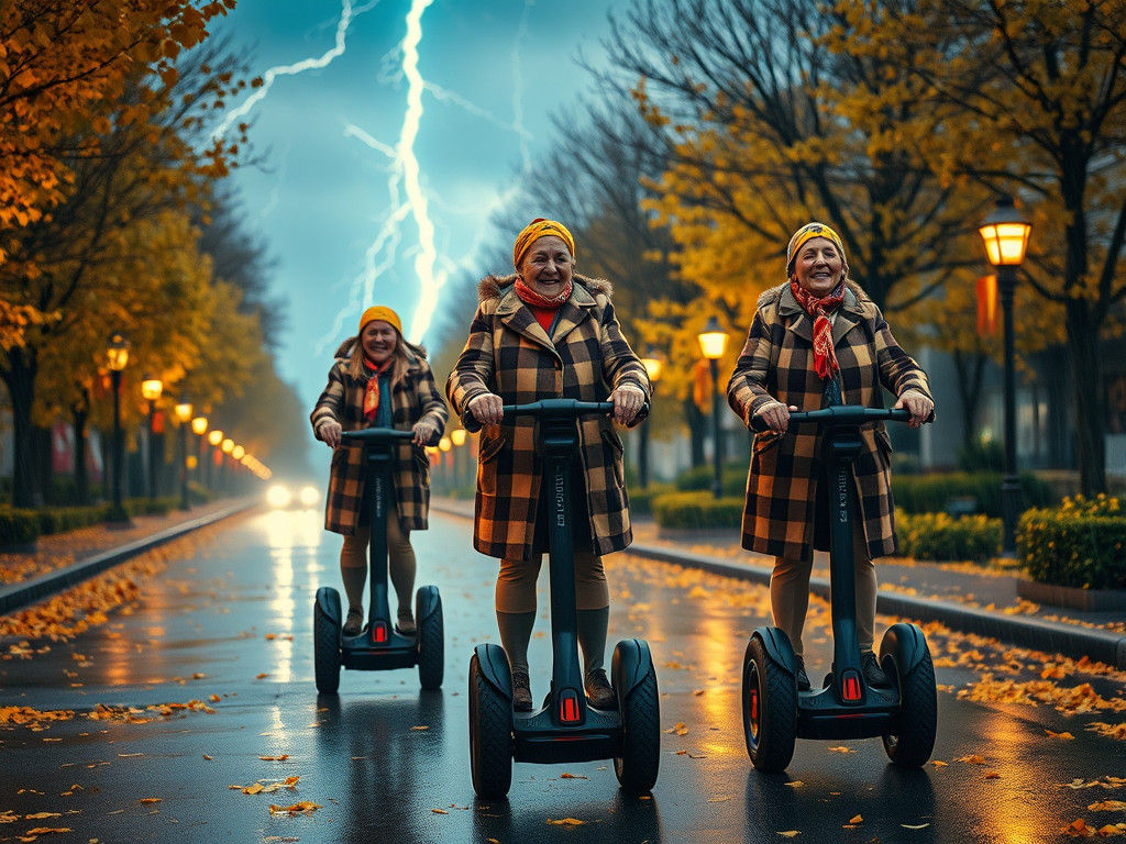 Cheerful Old Ladies Racing Segways in Autumn Rain