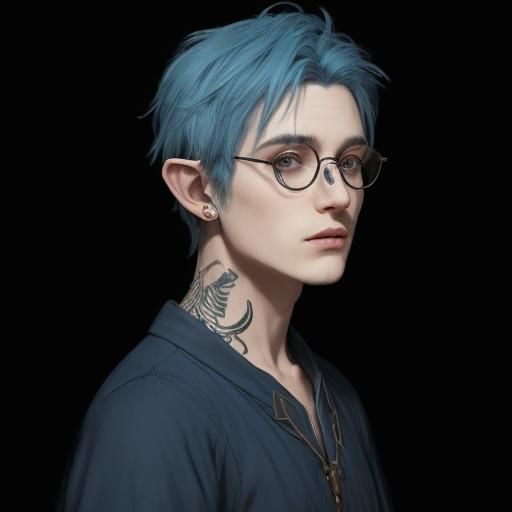 Elvish Man with Blue Hair by Campfire