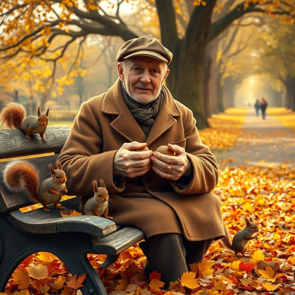 Elderly Gentleman Feeds Squirrels in Autumn Park