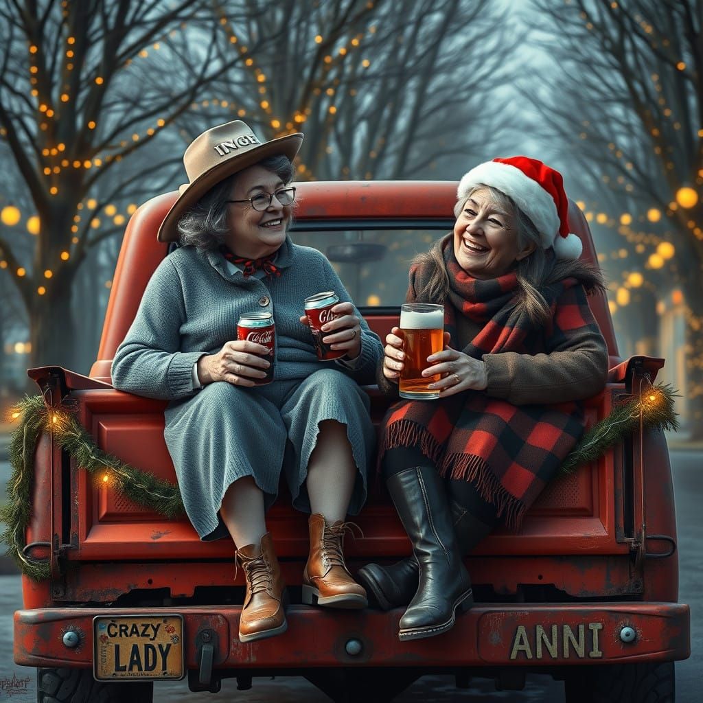 A whimsical airbrushed semi-realism painting of a 70-year-old elderly woman, Inge, with gray hair and a cowgirl hat with...