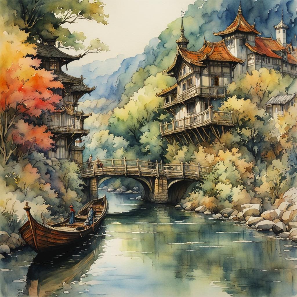 Colorful River Scene in Watercolor Anime Style