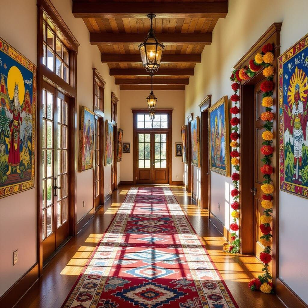 Sunlit Hallway with Mythological Art and Rune Doors