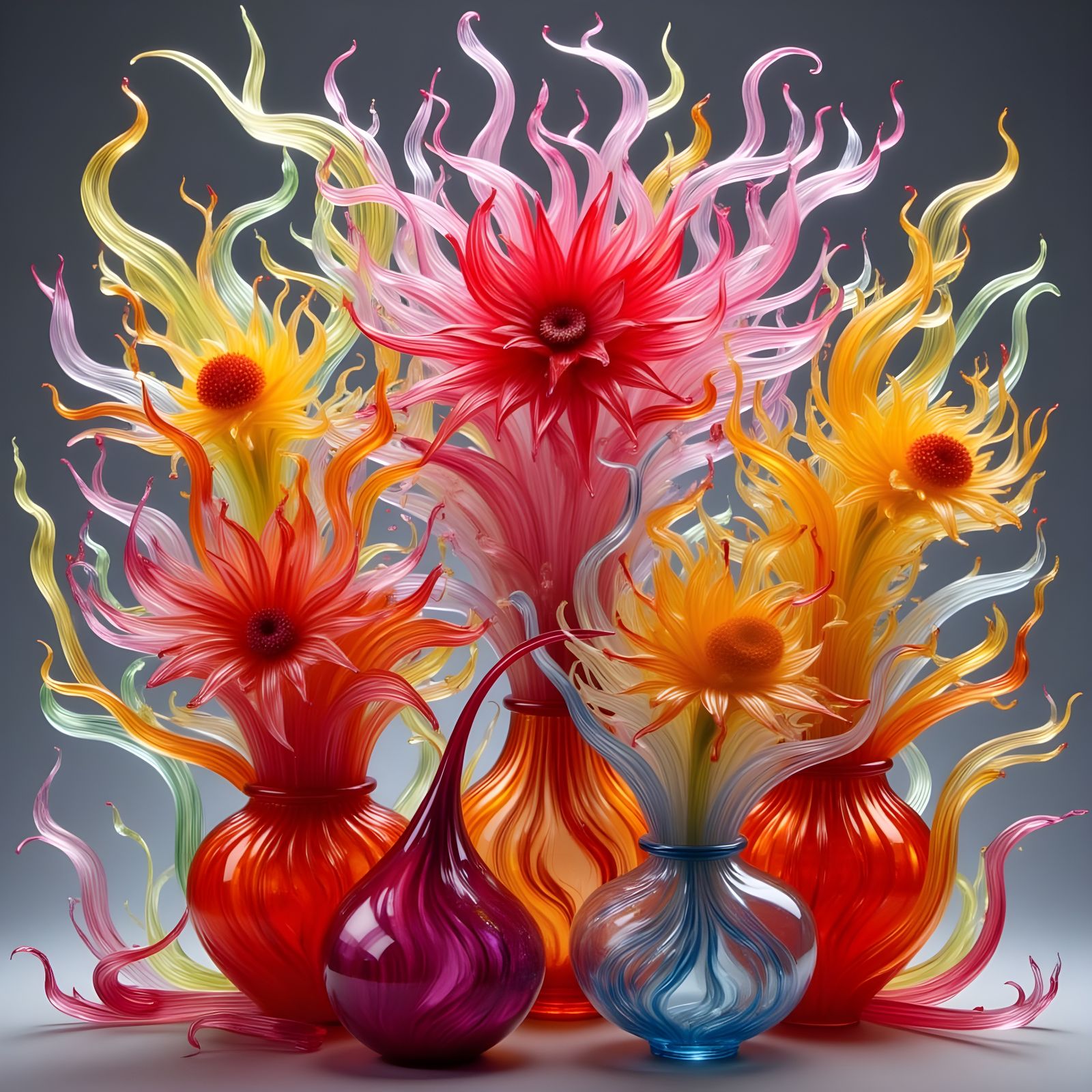 Colorful Blown Glass Vases with Flowers in Chihuly Style
