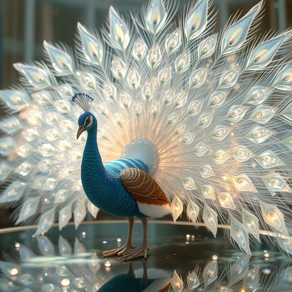 Majestic Peacock with Crystal Feathers in Ethereal Light