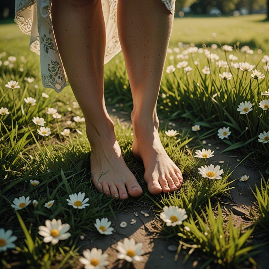 Elegant Bare Foot On Grass With Blooming Flowers