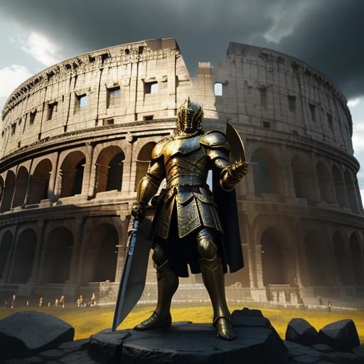 Golden Knight in Colosseum: Cinematic Film Still