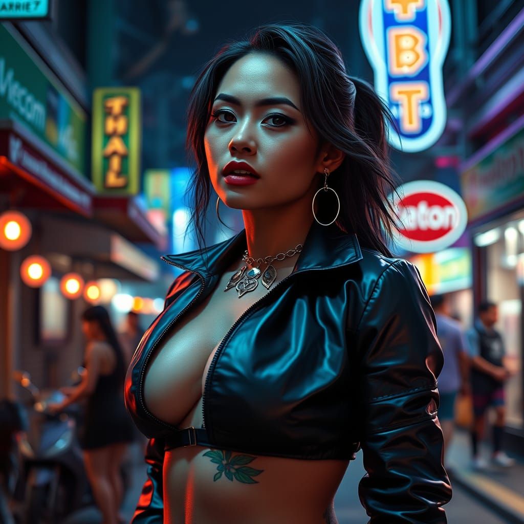 Confident Thai Woman in Vibrant Nightlife, Cinematic Style