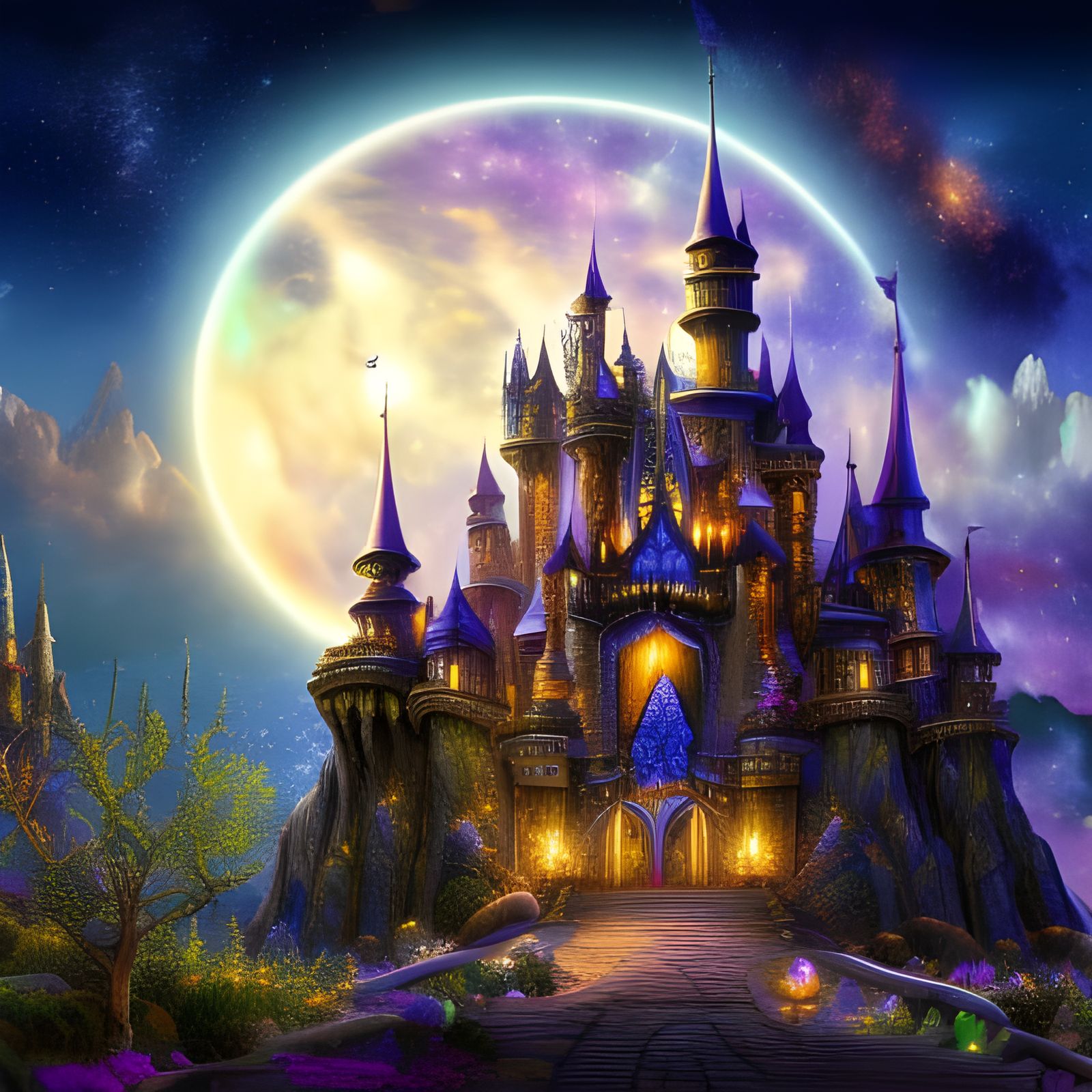 Fantasy Castle Under Starry Night Sky