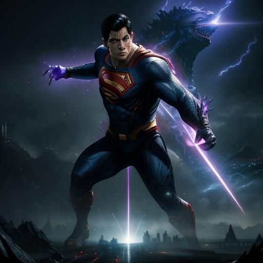 Superman Battles Godzilla: Hyperdetailed Dark Fantasy Concep...