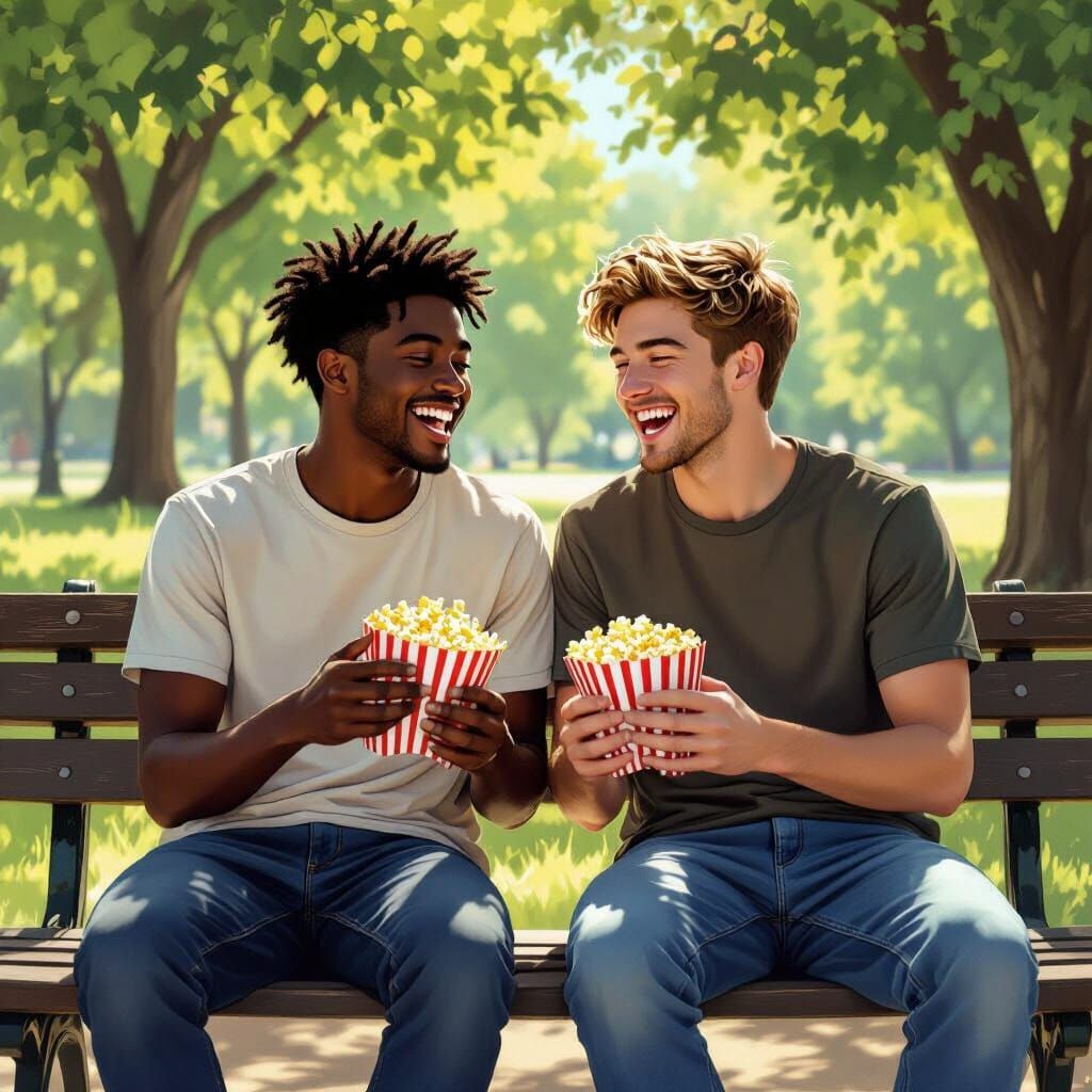 Men Sharing Popcorn in Hyperrealistic Style
