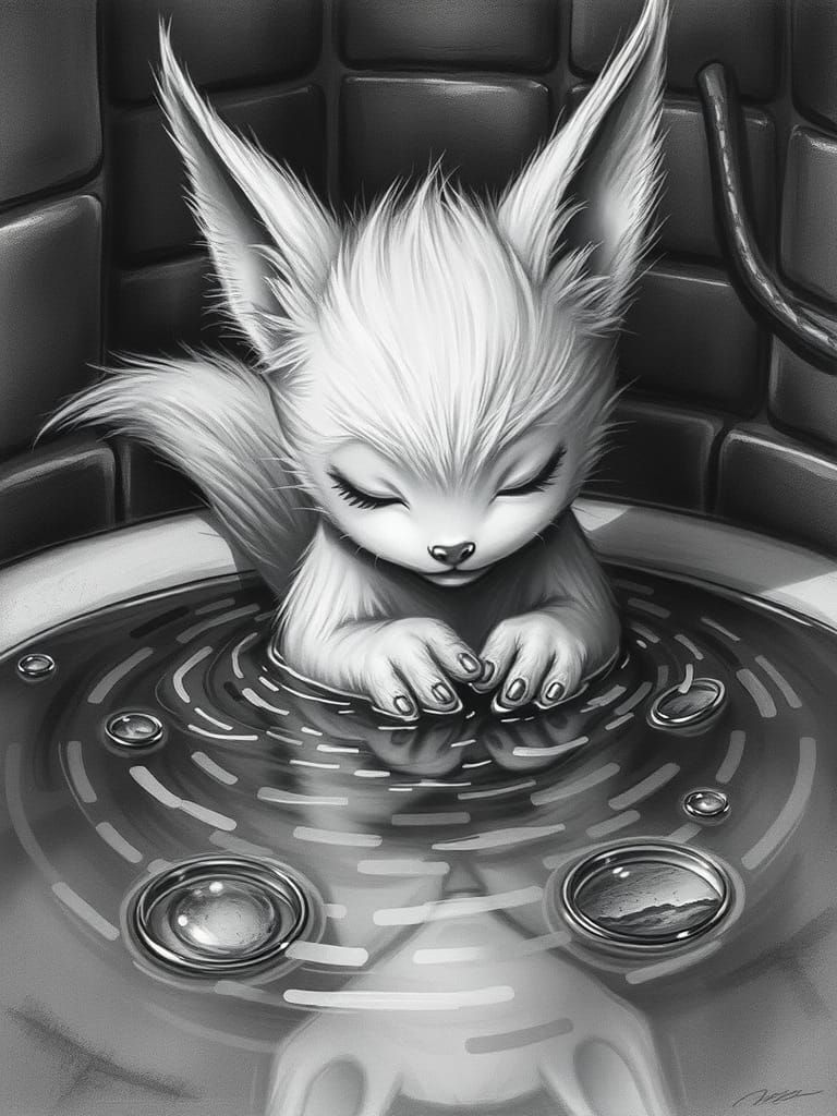 Kitsune in Onsen Bath, Fractal Art
