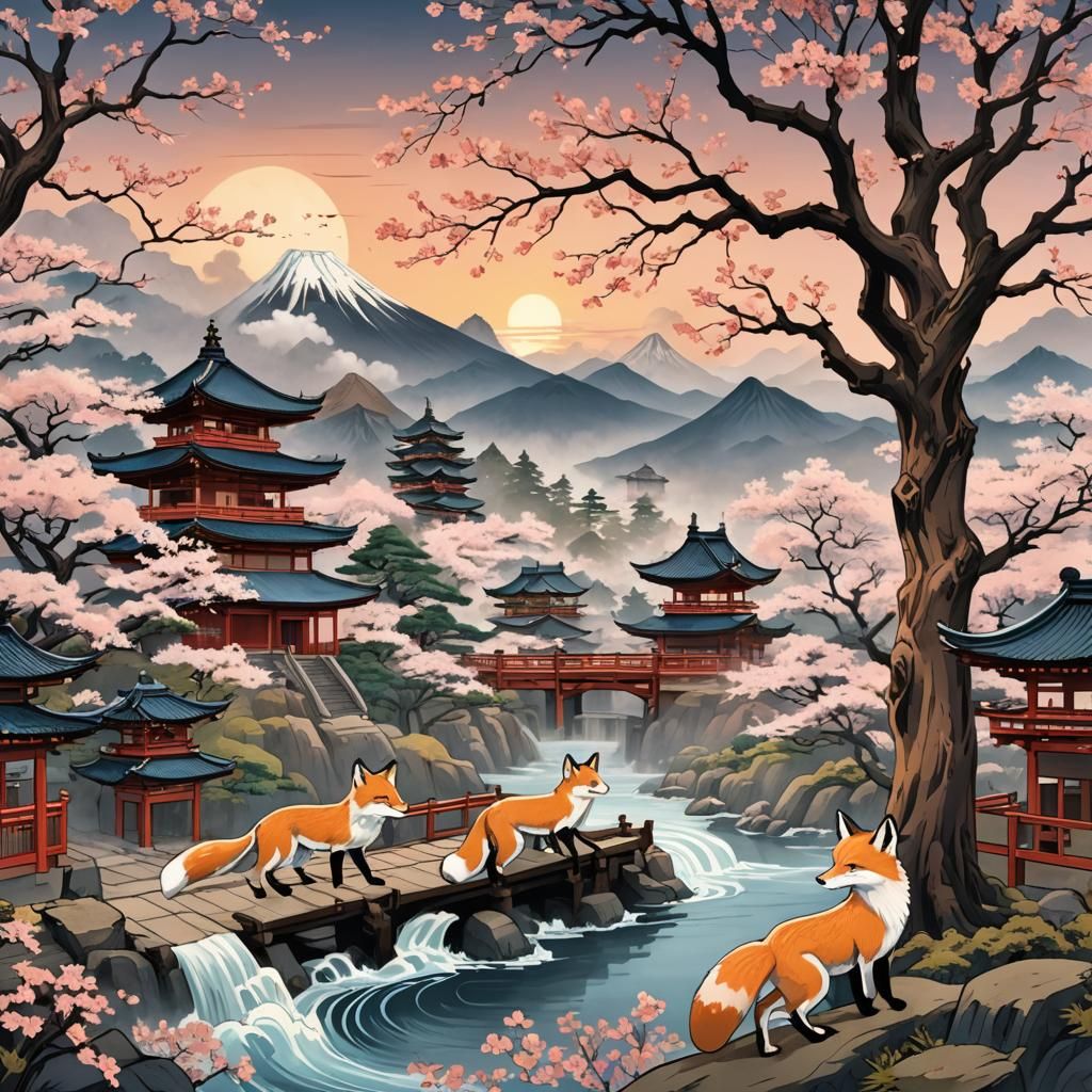 Kitsune in Ukiyo-e Japanese Landscape