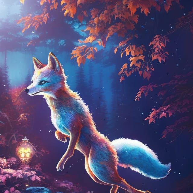 Fox Running Through Forest in Synthwave Style