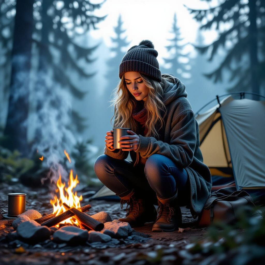 Woman Camping at Dawn in Misty Forest