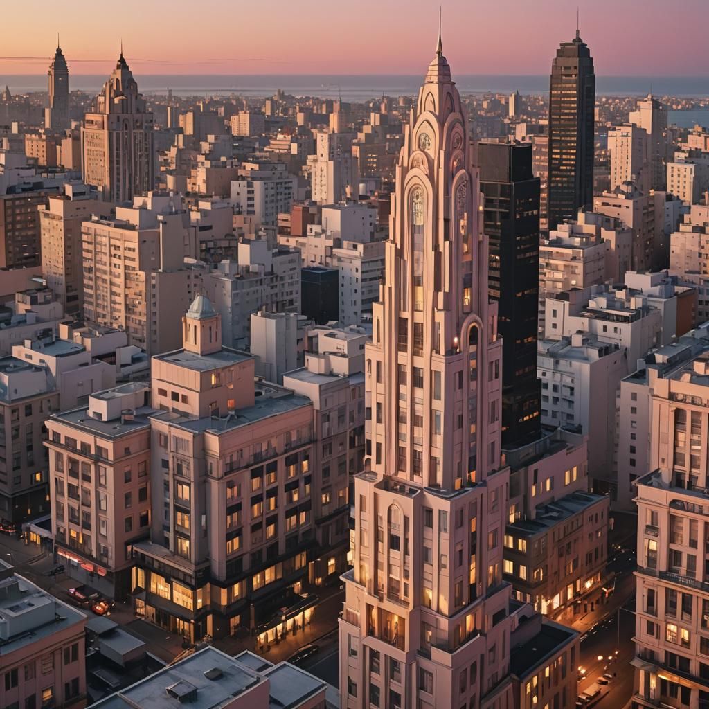 Deco Futurism Metropolis of Montevideo at Dusk