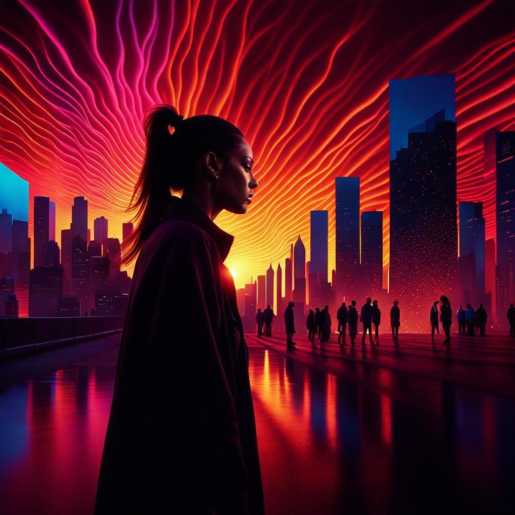 Woman and Shadow in a Vibrant Cityscape