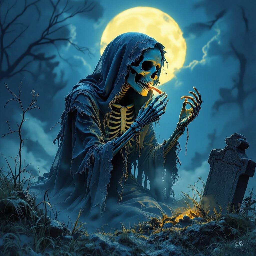 Ethereal Skeleton Emerges from Grave as Matte Painting