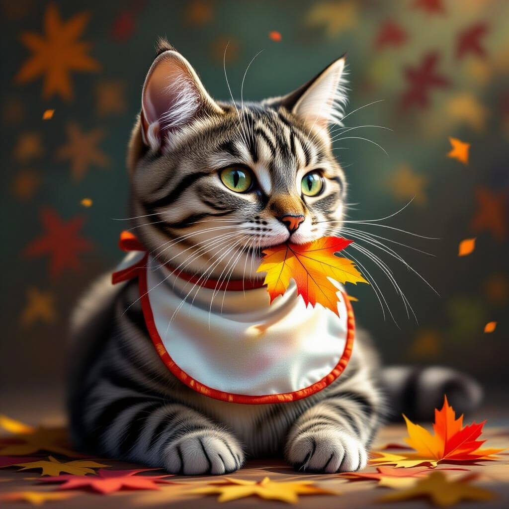 Gray Tabby Cat Eating Fall Leaf Hyperrealistically