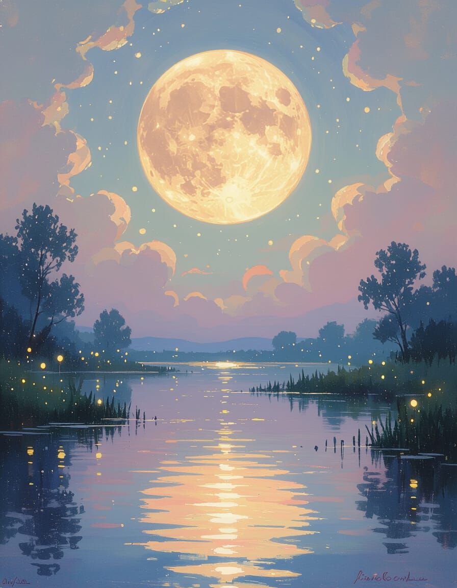 A surreal dreamscape where a giant, luminous moon hovers ove...