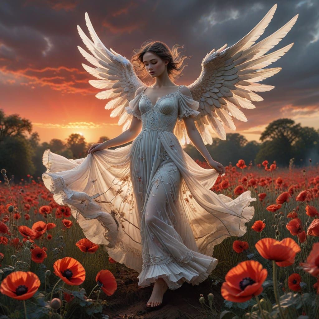 Angel Supporting Demon Amidst Poppies at Sunset