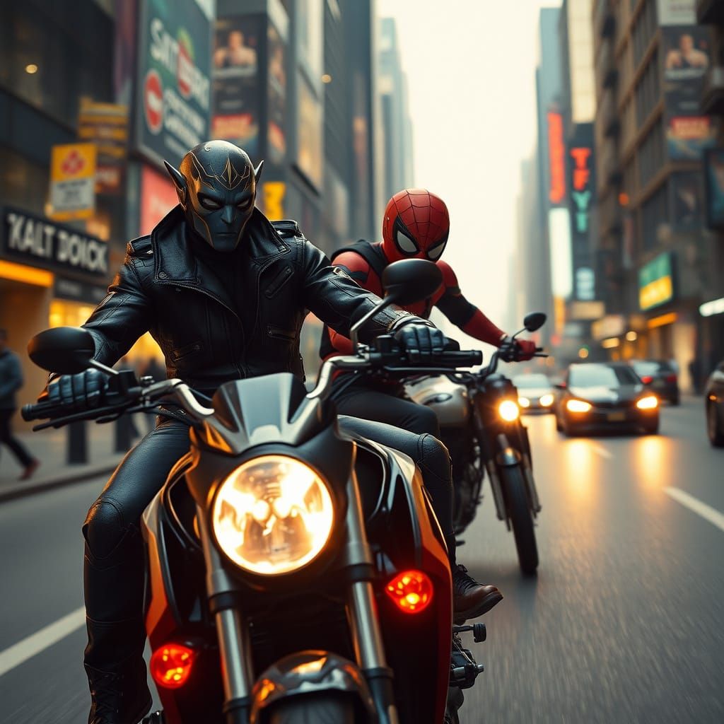 Avatar and Spiderman Ride Motorbike: Cinematic Film Still