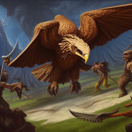 Goblins Attack Giant Eagle in Fantasy Painting