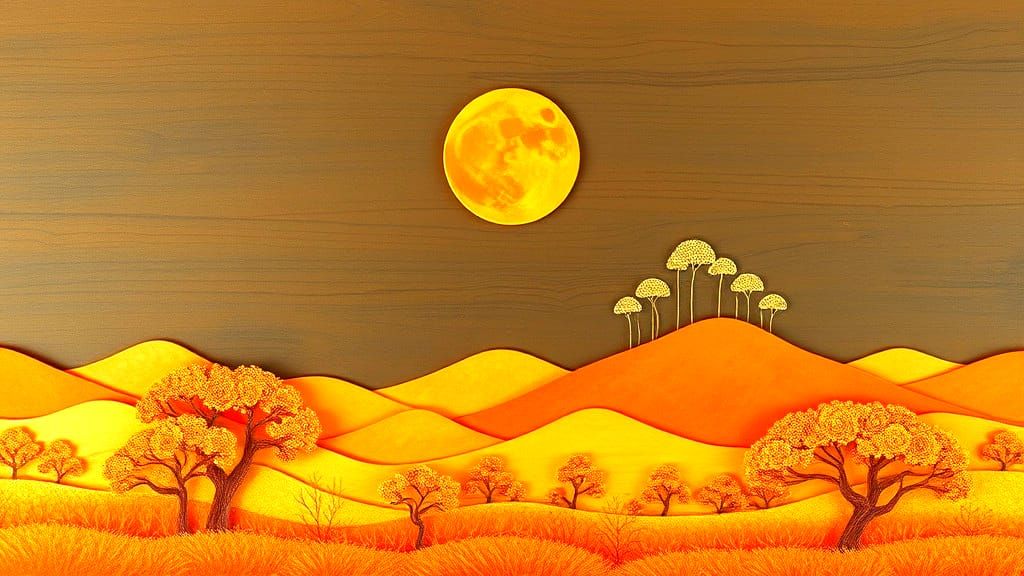 Orange Landscape in Gold Paper Quilling Impasto Style