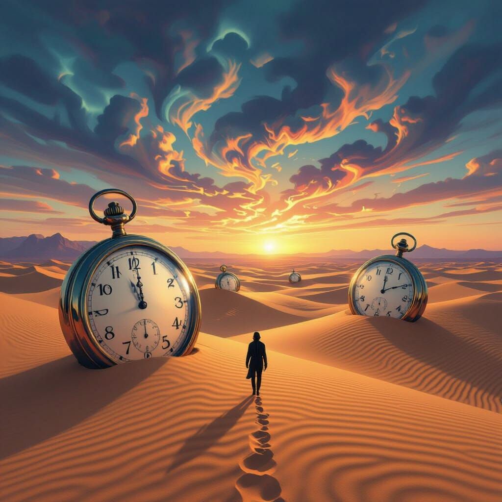 Surreal Desert Twilight with Melting Watches and Distorted F...