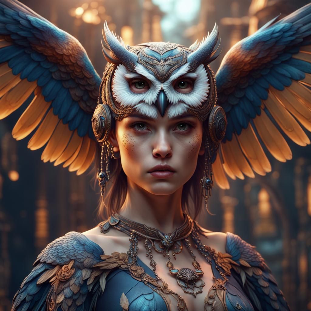 Fantastical Owl Girl in Detailed Matte Painting