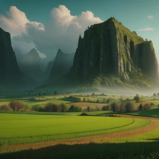 Lush Green Fields in Detailed Matte Painting
