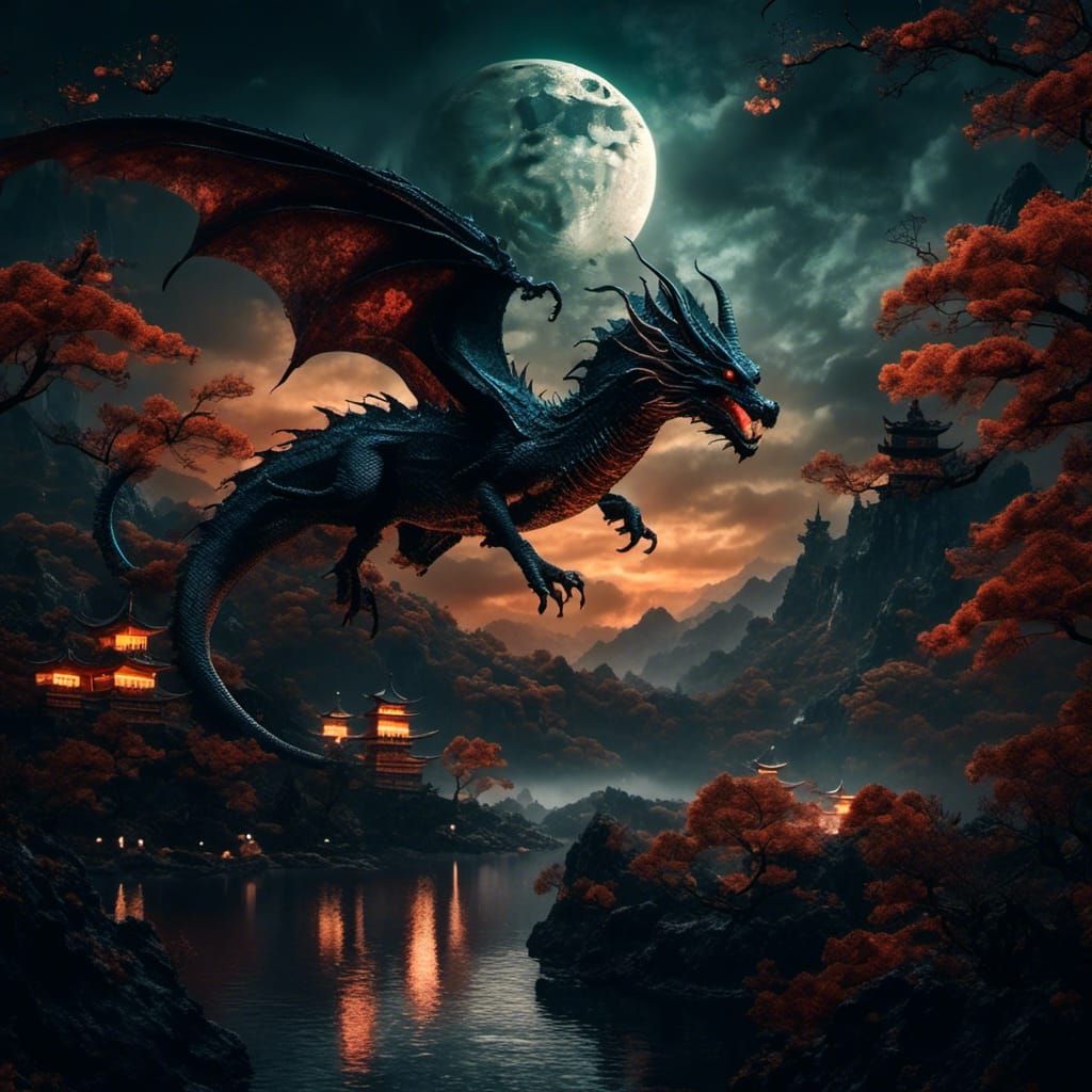 Asian Dragon Silhouette Over Japanese Landscape