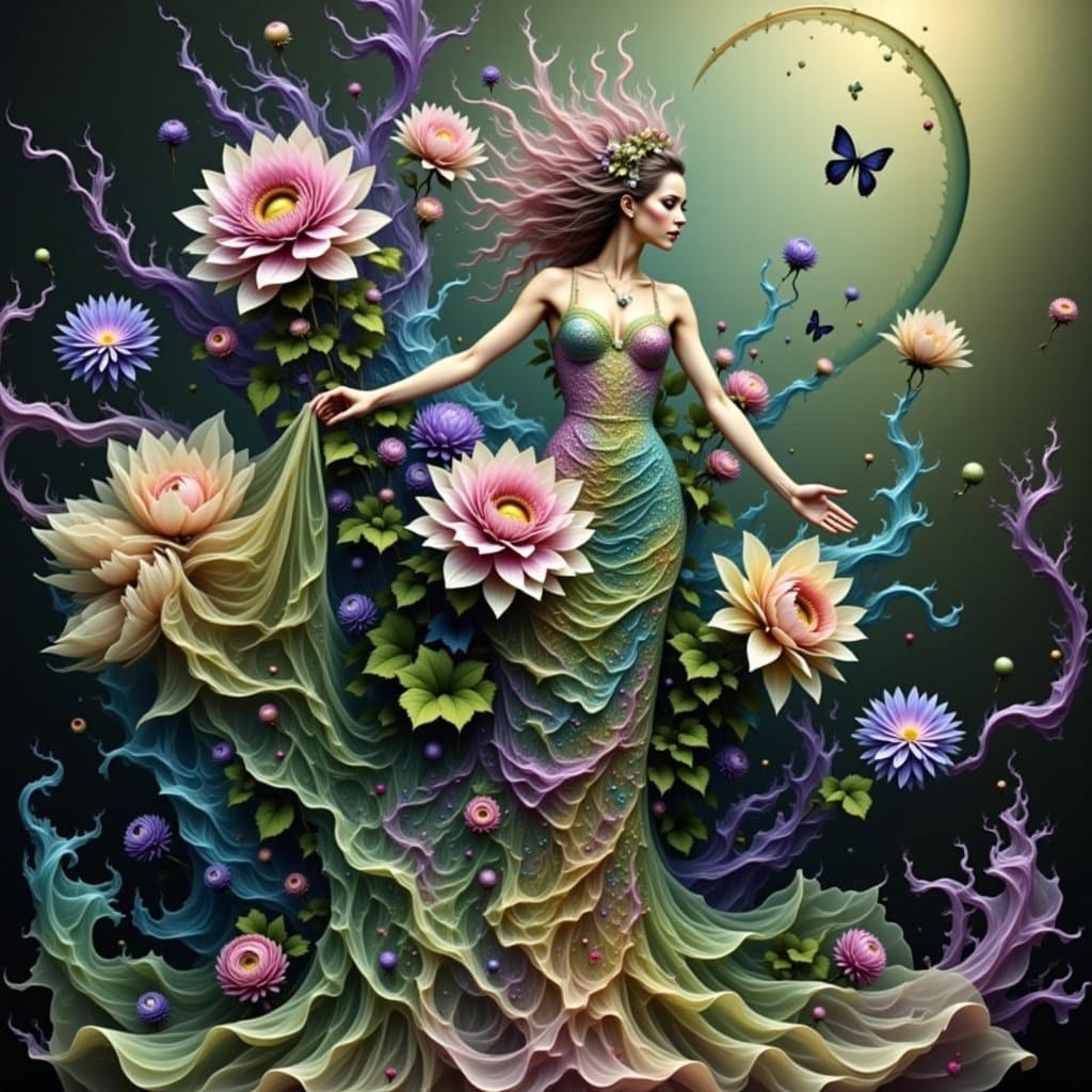 Ethereal Cosmic Woman in Iridescent Gown