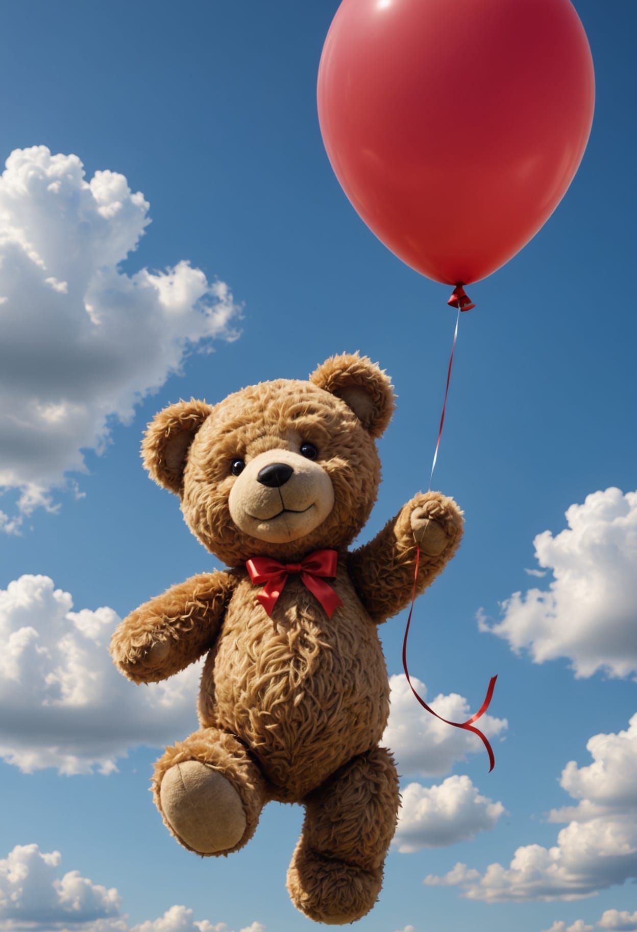 Teddy Bear Floats Skyward with Red Balloon