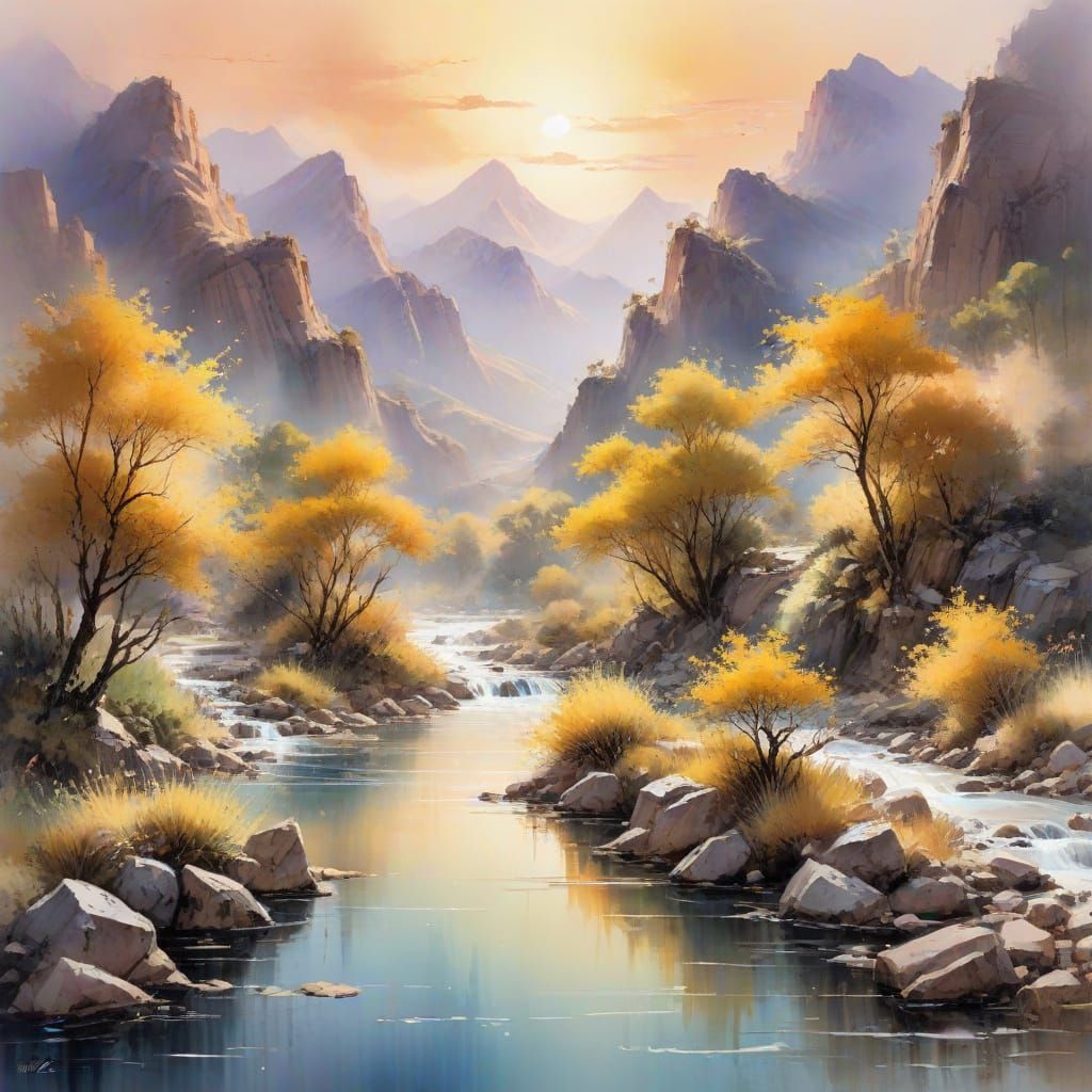 Oriental River Landscape in Watercolor Style
