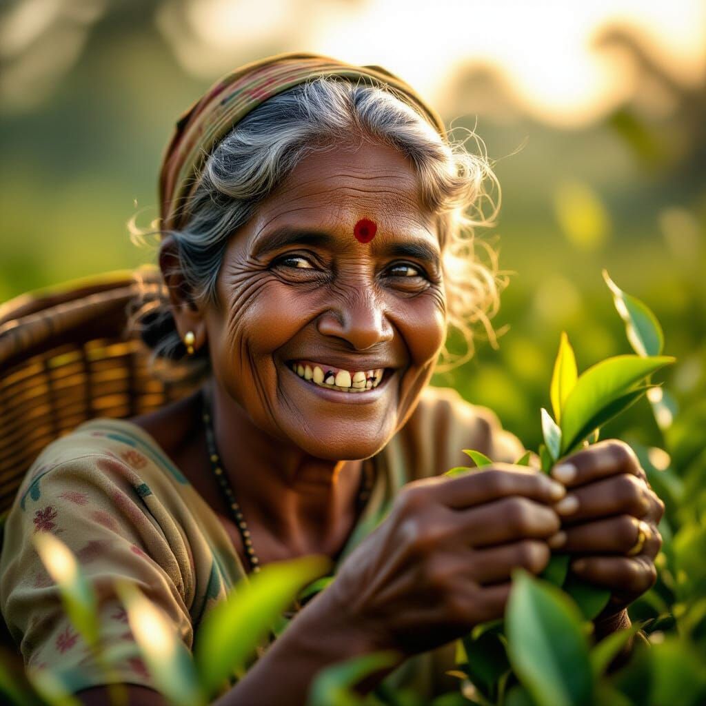 Elderly Sri Lankan Tea Picker With Joyful Expression