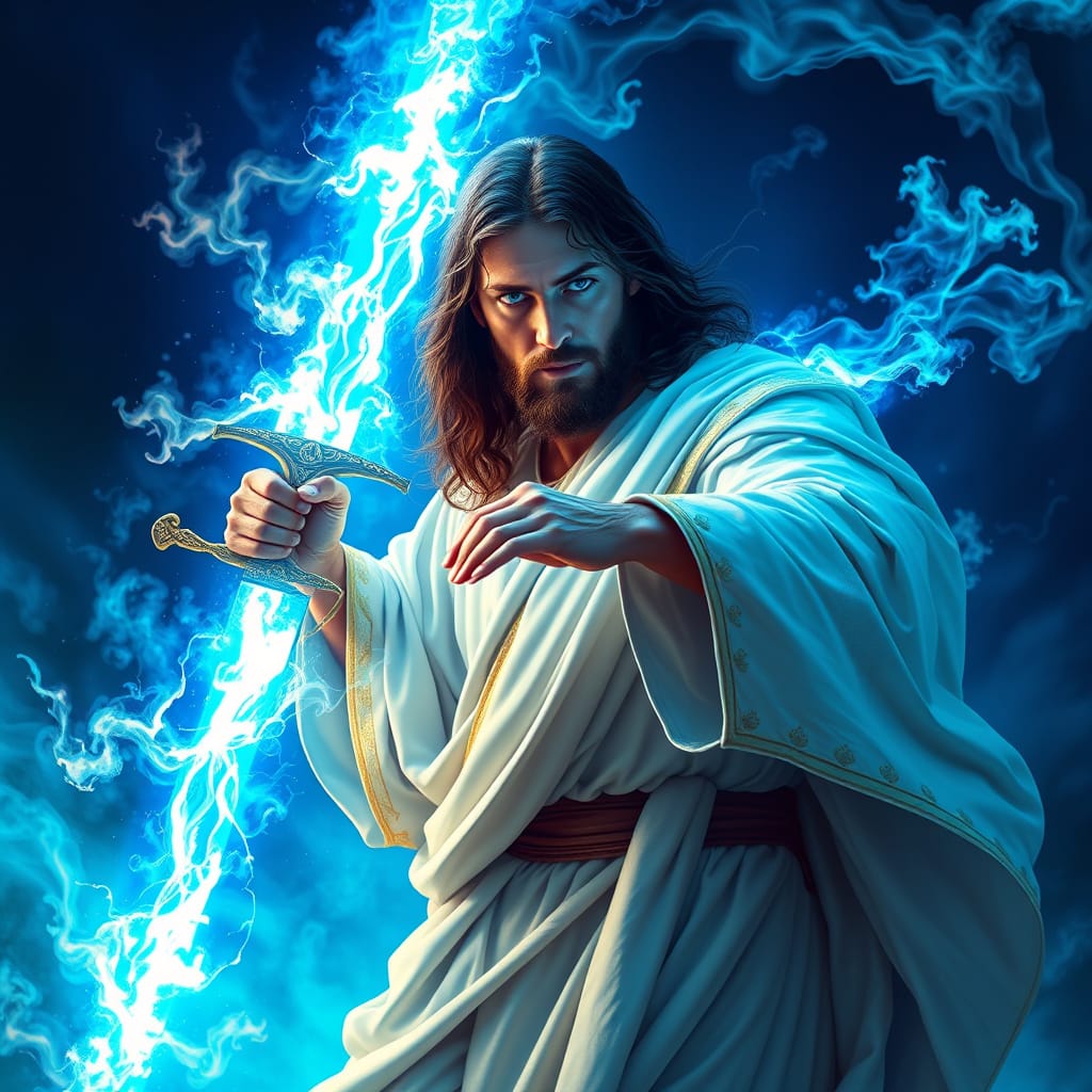 Jesus Christ with a blazing sword of blue fire surrounded by a blue energy and blue eyes and a blue background Hyperreal...