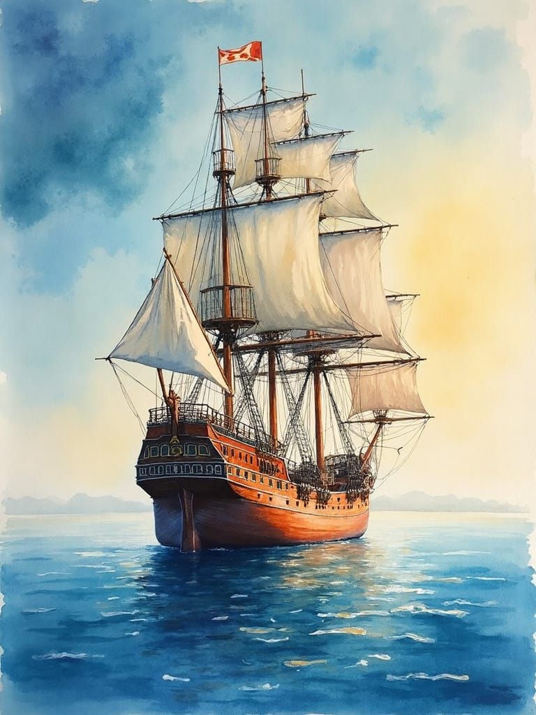 Grand Tall Ship Sails Calm Waters in Vibrant Watercolor