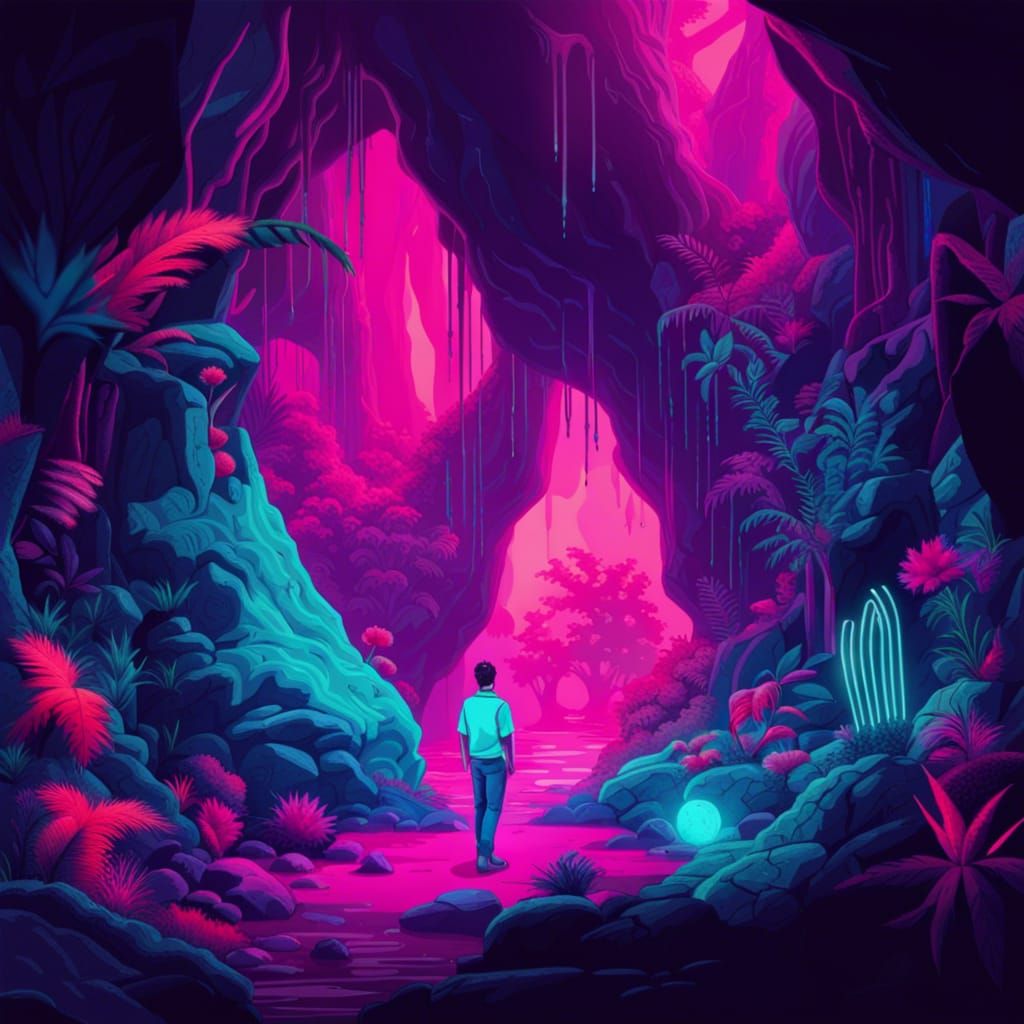 Lush Cave Ecosystem in Synthwave Neon Style