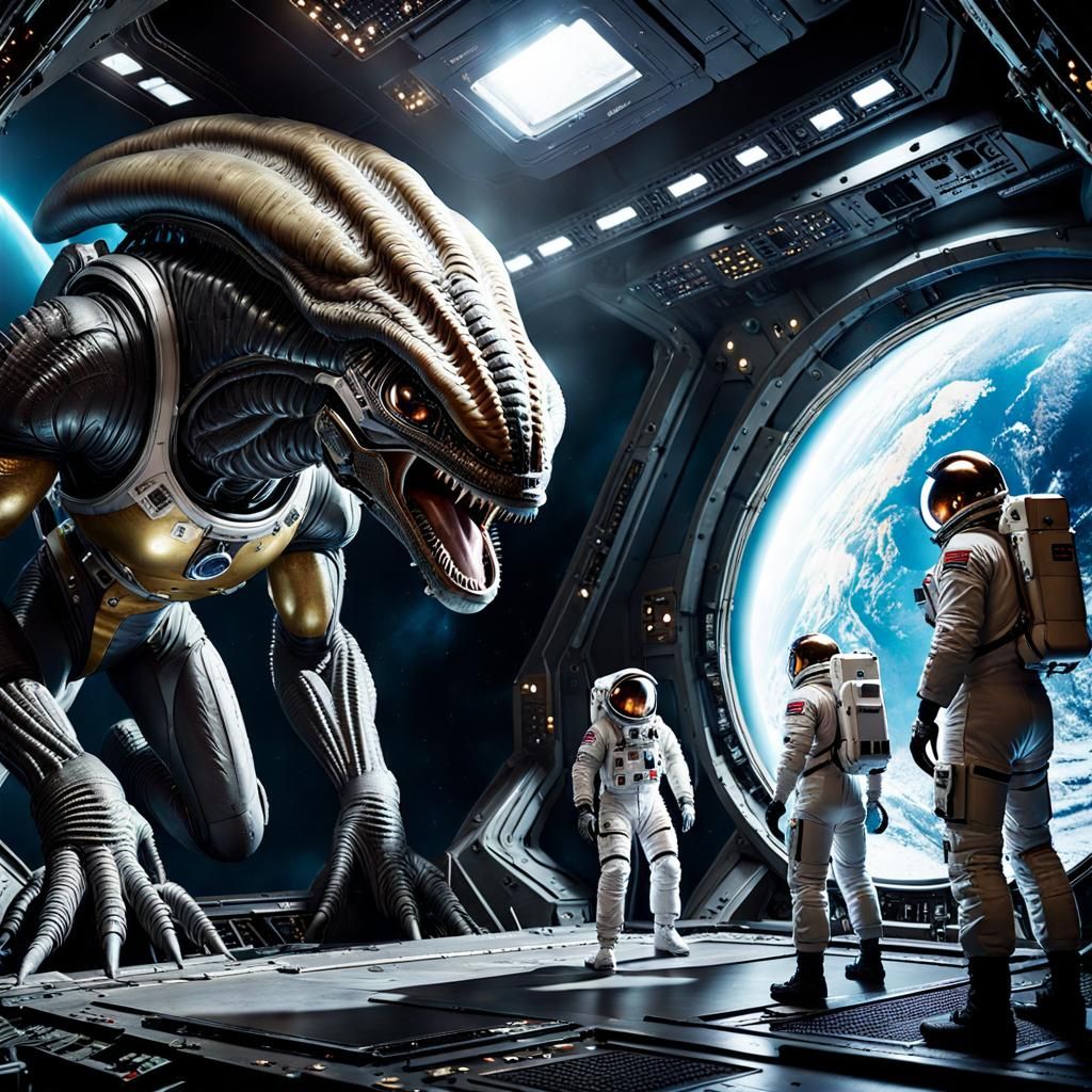 Astronauts' Tense Encounter with Alien Creature in Space