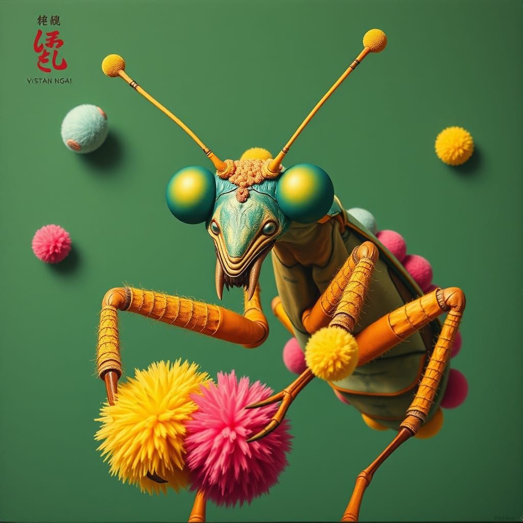 Pop Surrealism Mantis Made of Pom Poms
