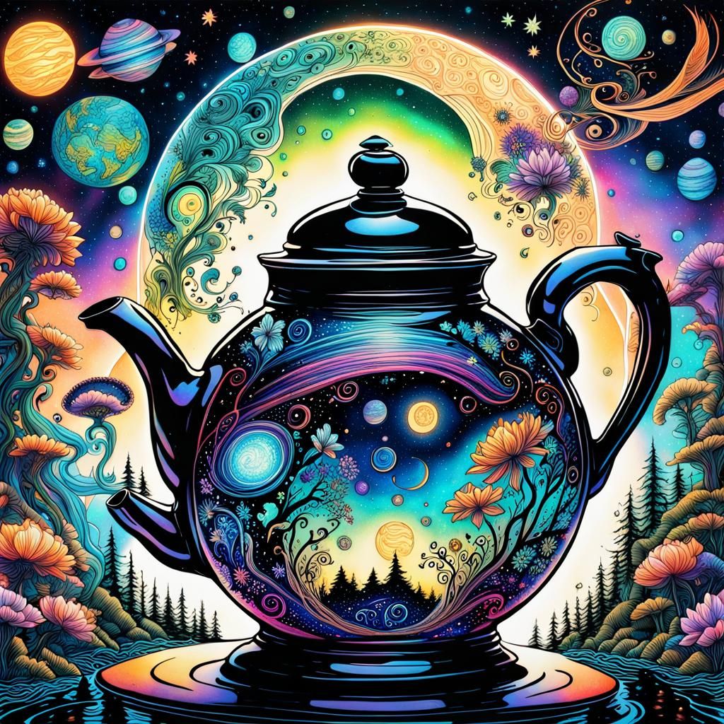 Fairy in Teapot: Calligraphic Art with Cosmic Landscape