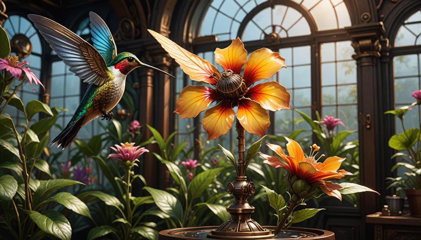 Steampunk Hummingbird in Whimsical Greenhouse