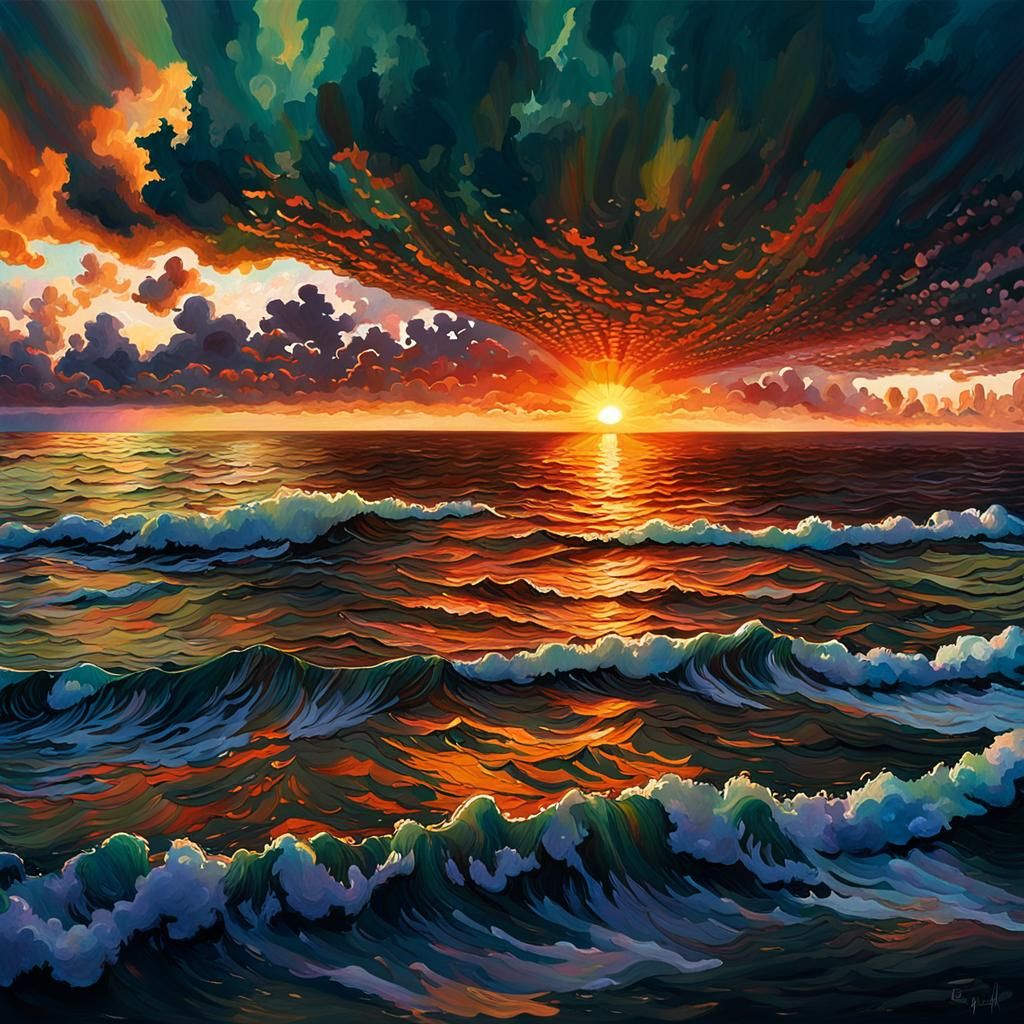 Iridescent Sunset Over Ocean as Gouache Painting