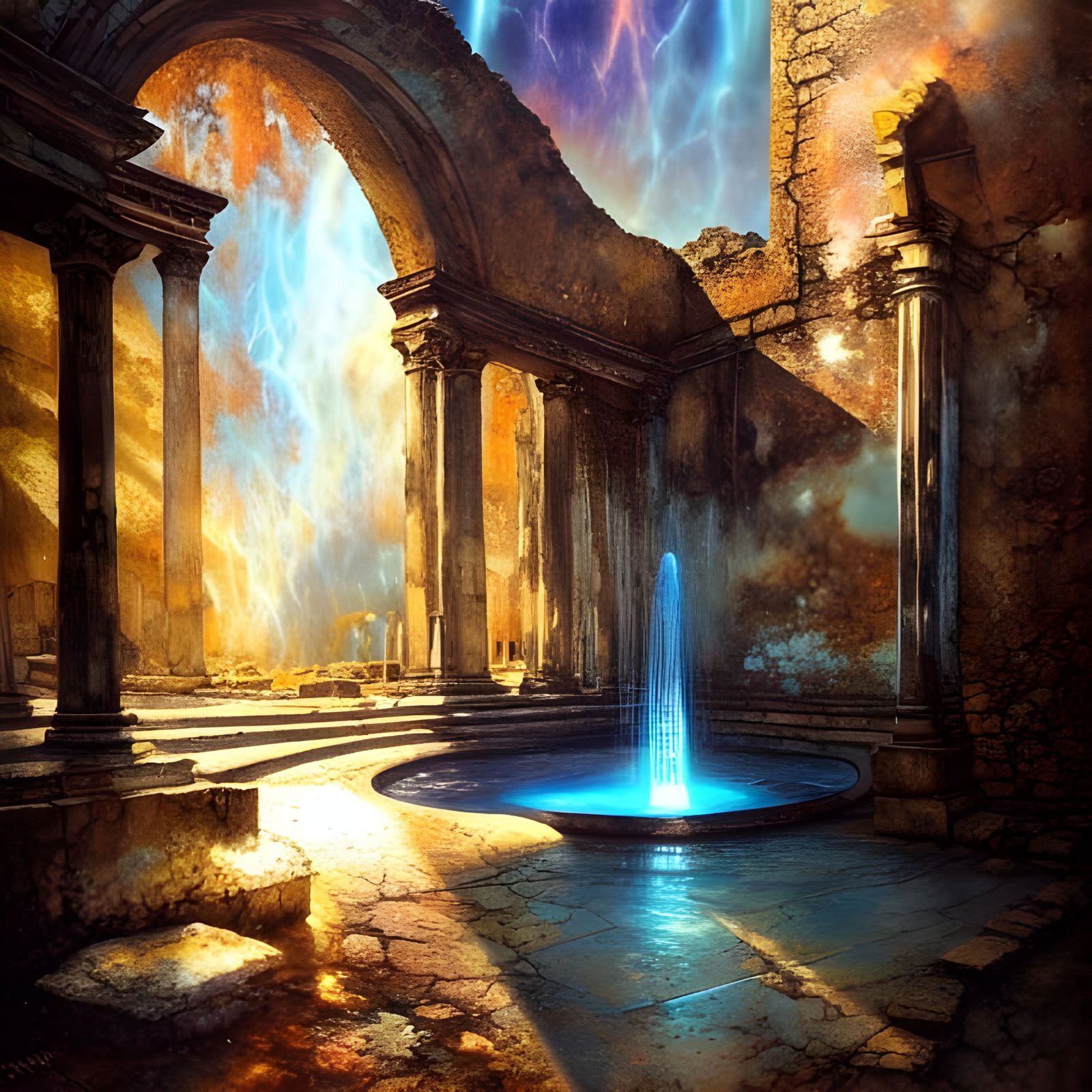 Pompeii Water Fountain Landscape in Bright Colors