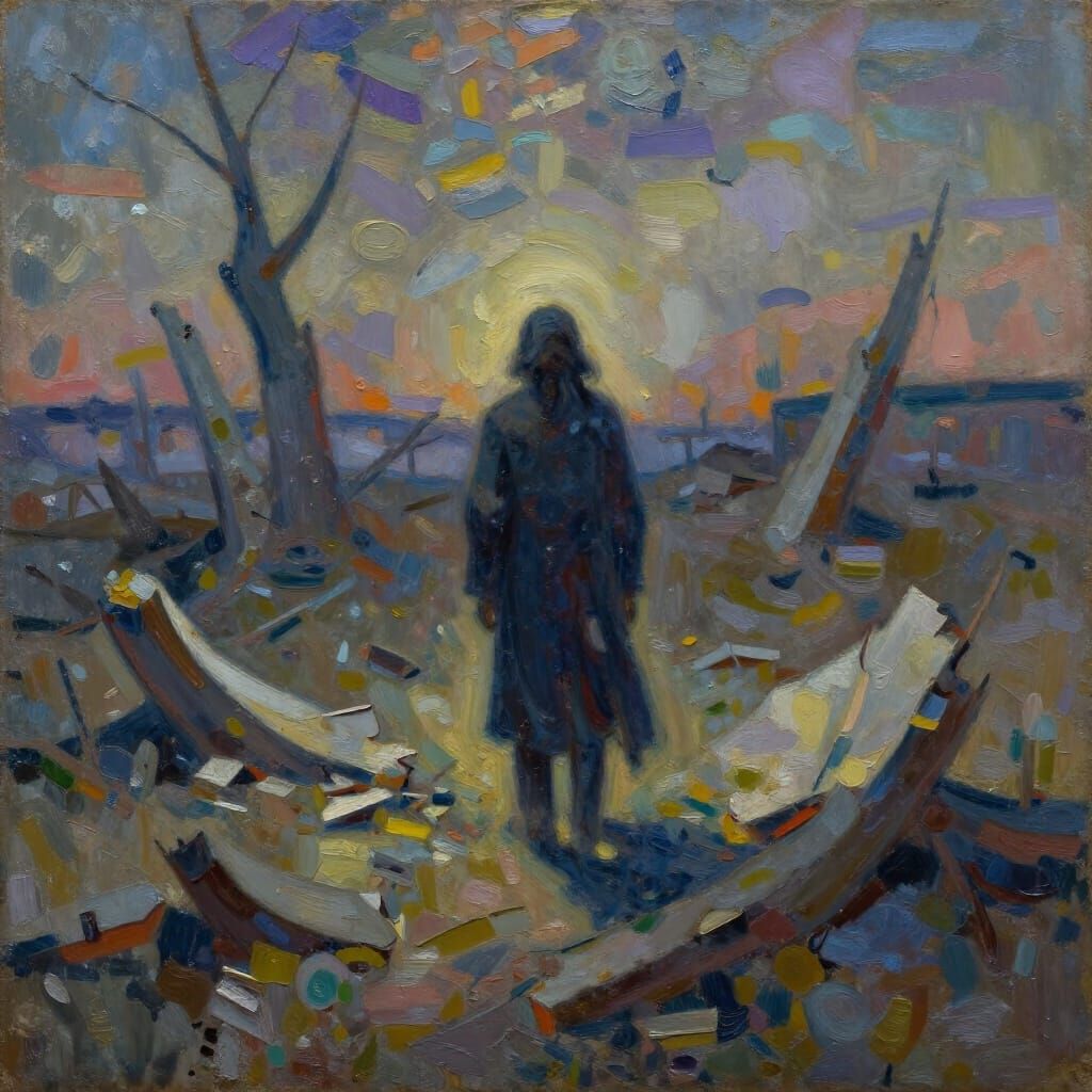 Desolate Landscape Oil Painting of Solitary Figure