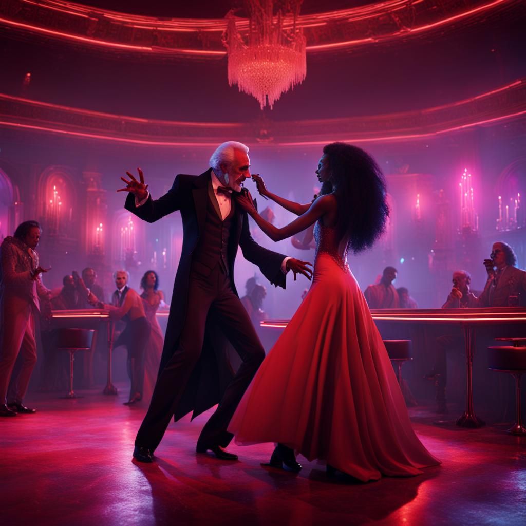 Dracula and Bride Dancing at Disco, Detailed Matte Painting