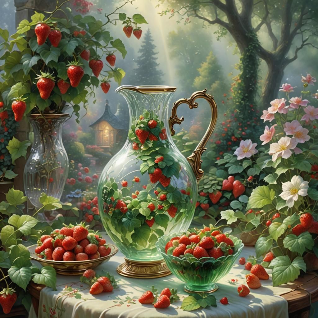 Strawberries in Green Carafe in Lush Garden
